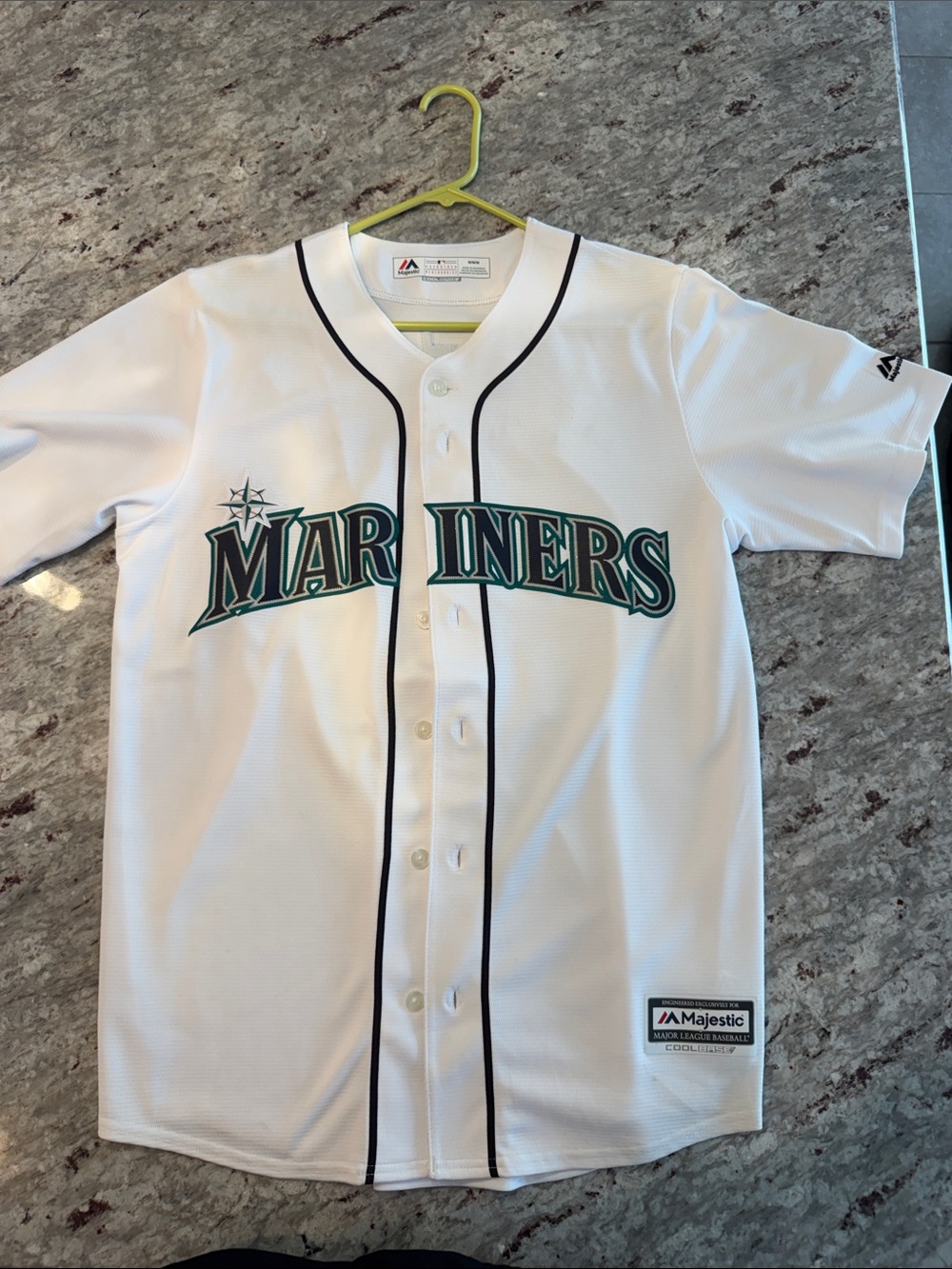 Majestic White Seattle Mariners Button-Front Jersey with Navy & Teal Trim